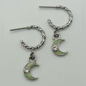 Silver Tone Twisted Hoop Earrings with Green Moon Charms and Rhinestone Accents